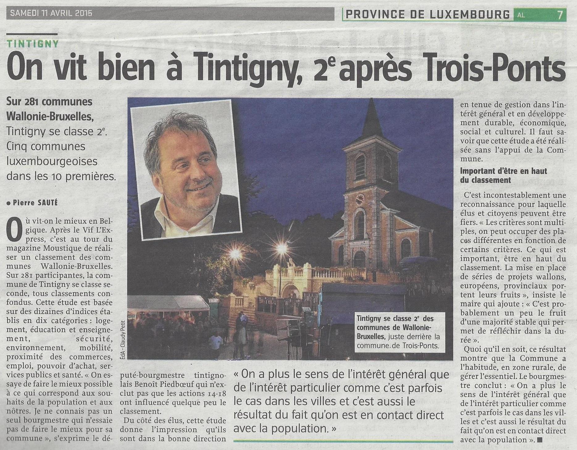 Tintigny 2ème commune de Wallonie où il fait bon vivre ! Tintigny 2ème commune de Wallonie où il fait bon vivre !